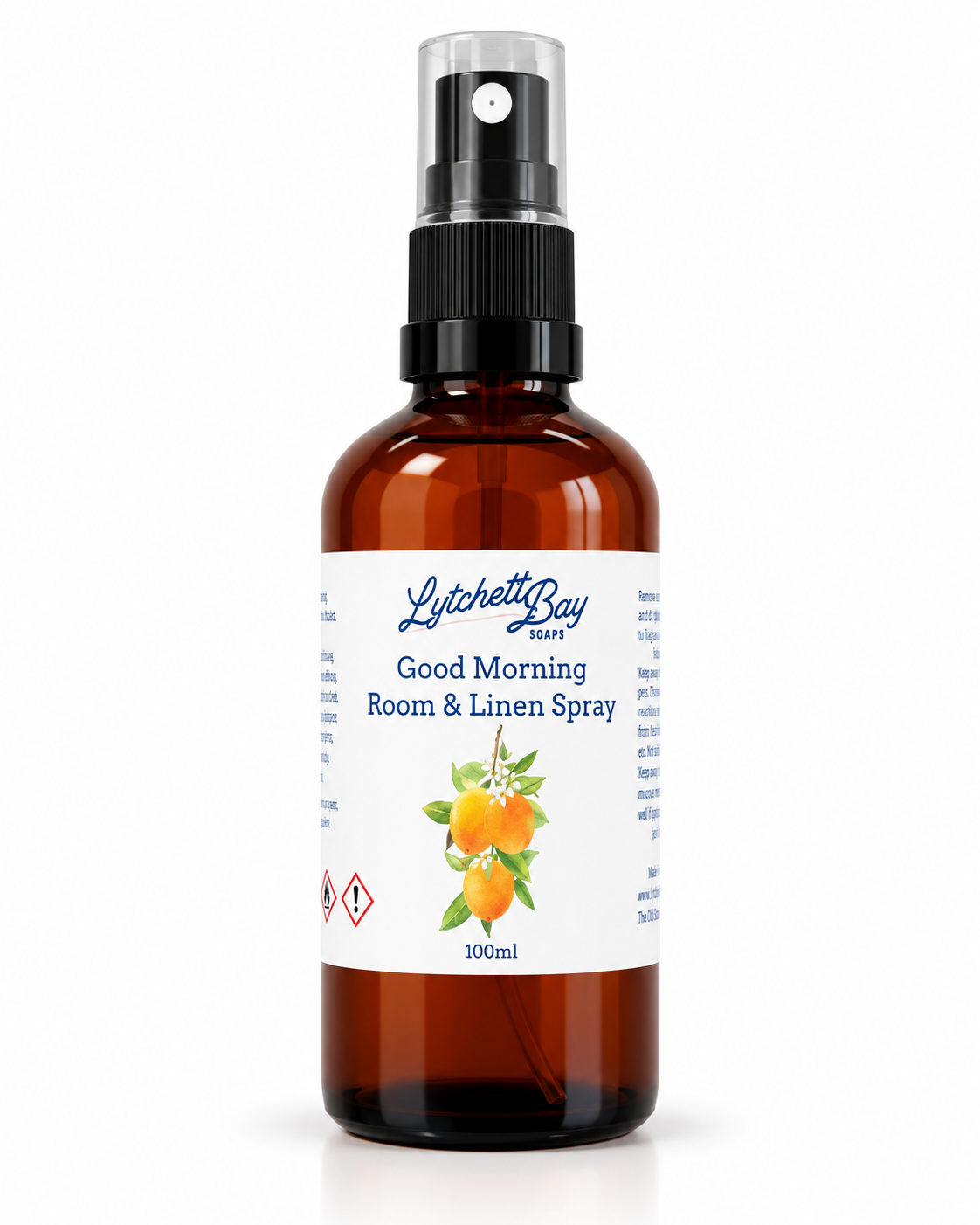 Lytchett Bay Soaps Good Morning Room & Linen Spray 100ml in an amber spray bottle with Orange, Bergamot, Grapefruit and May Chang essential oils.