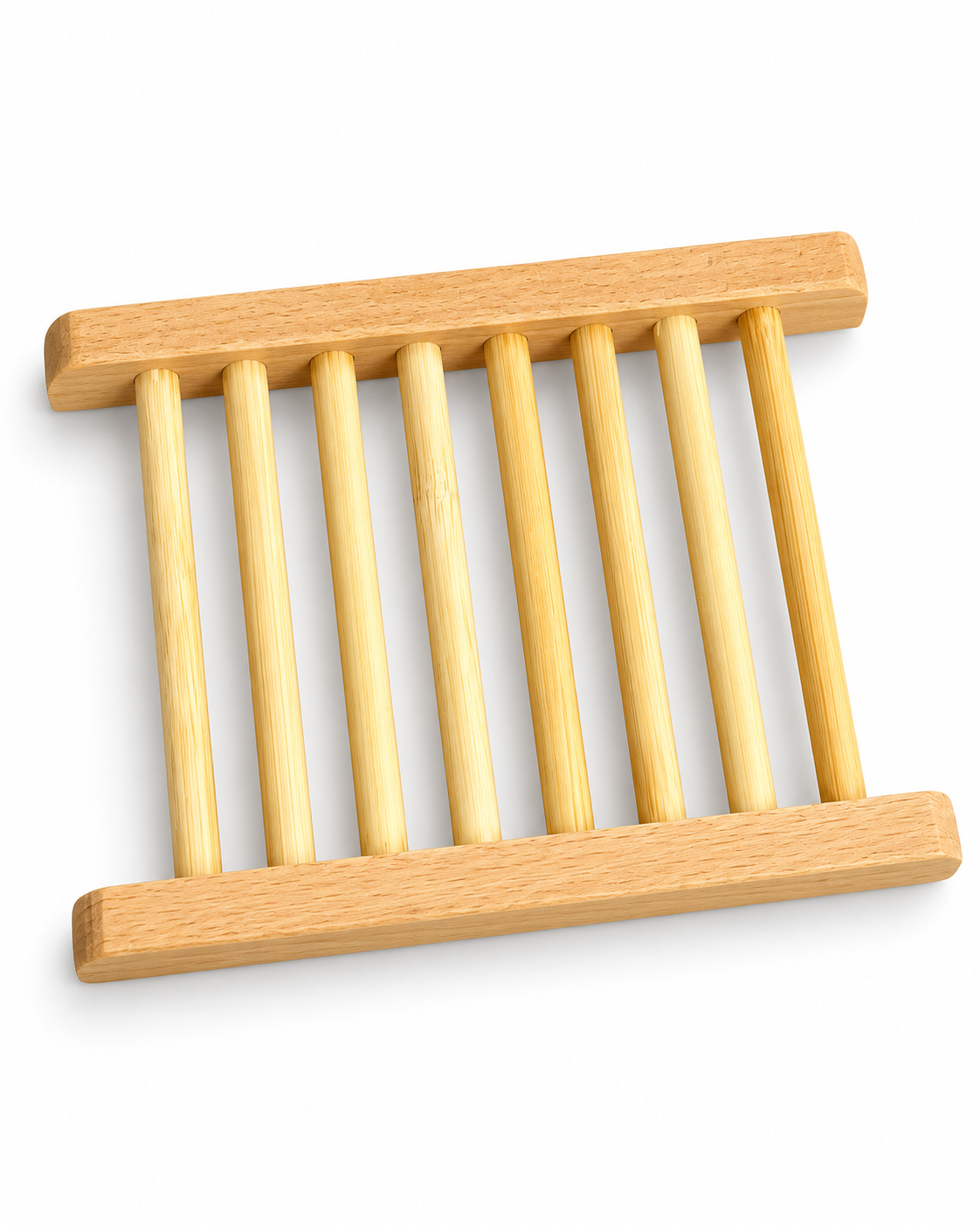 Natural wooden ladder-style soap dish with slatted drainage design for handmade soap and shampoo bars.
