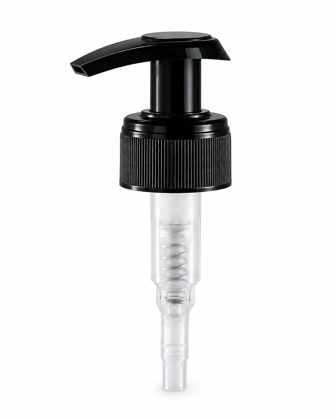 Black reusable plastic pump dispenser with clear dip tube, suitable for standard 24mm neck aluminium bottles.