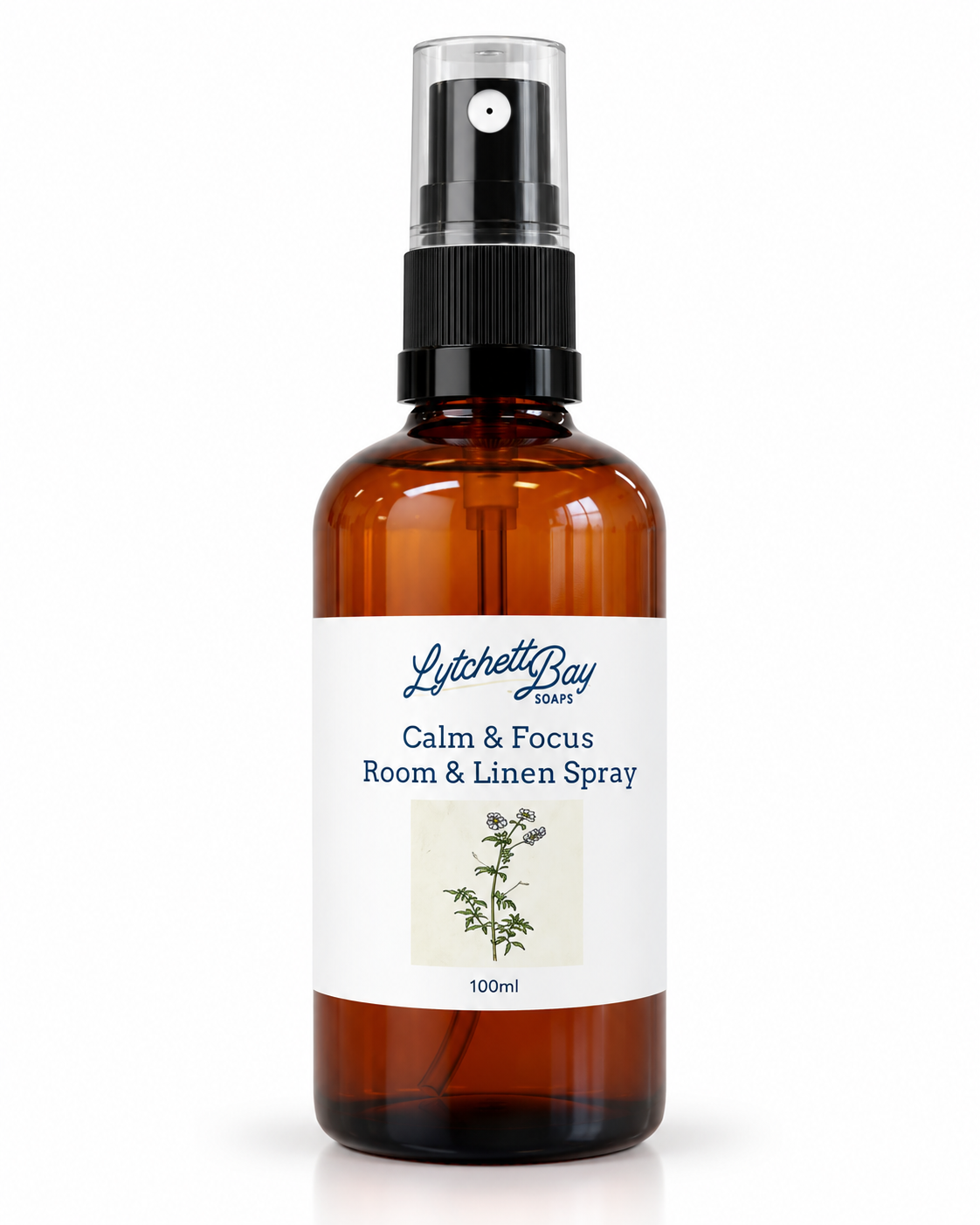 Lytchett Bay Soaps Calm & Focus Room and Linen Spray 100ml with Bergamot, Clary Sage, Peppermint and Chamomile essential oils.