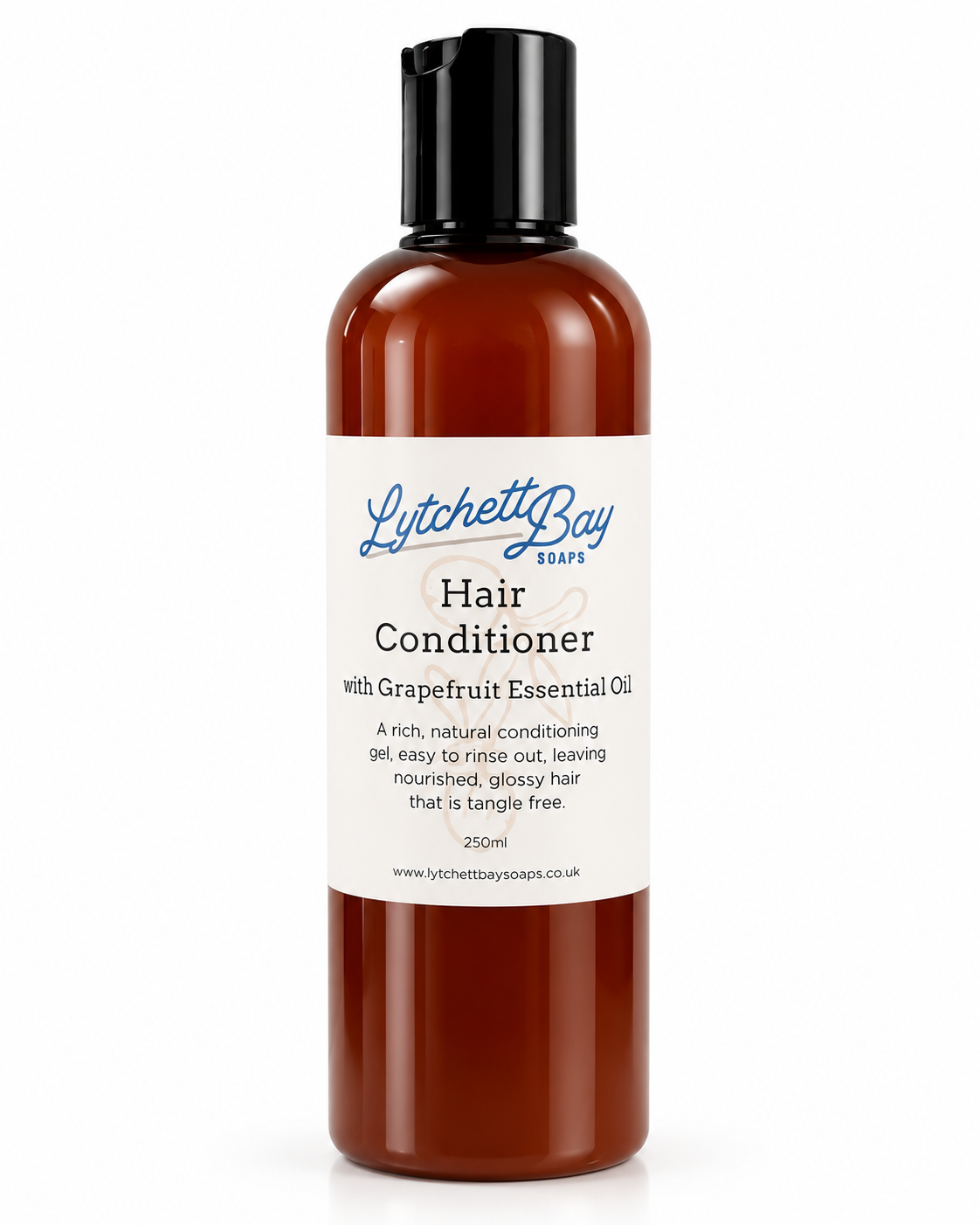 A 250ml bottle of Litchett Bay Soap Hair Conditioner with Grapefruit Essential Oil, featuring an amber-brown translucent bottle, a black cap, and a white label with blue and black text, set against a plain white background.