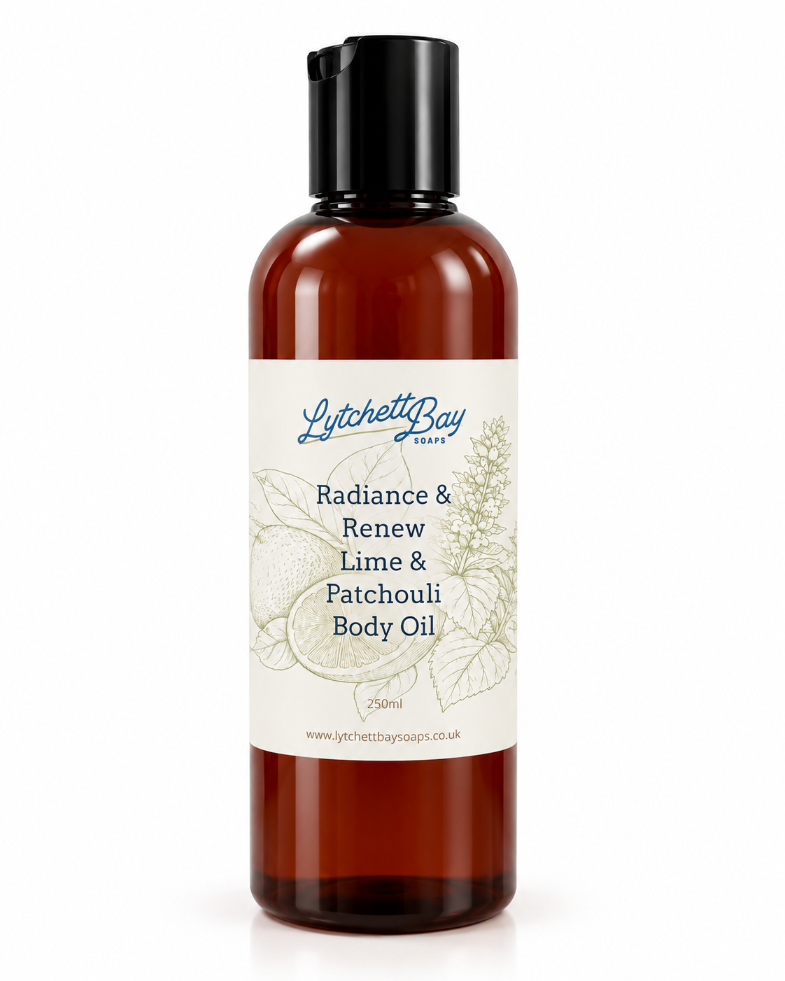A bottle of Lytchett Bay Radiance & Renew Lime & Patchouli Body Oil, featuring an amber brown bottle, a black cap, and a cream-colored label with botanical illustrations.
