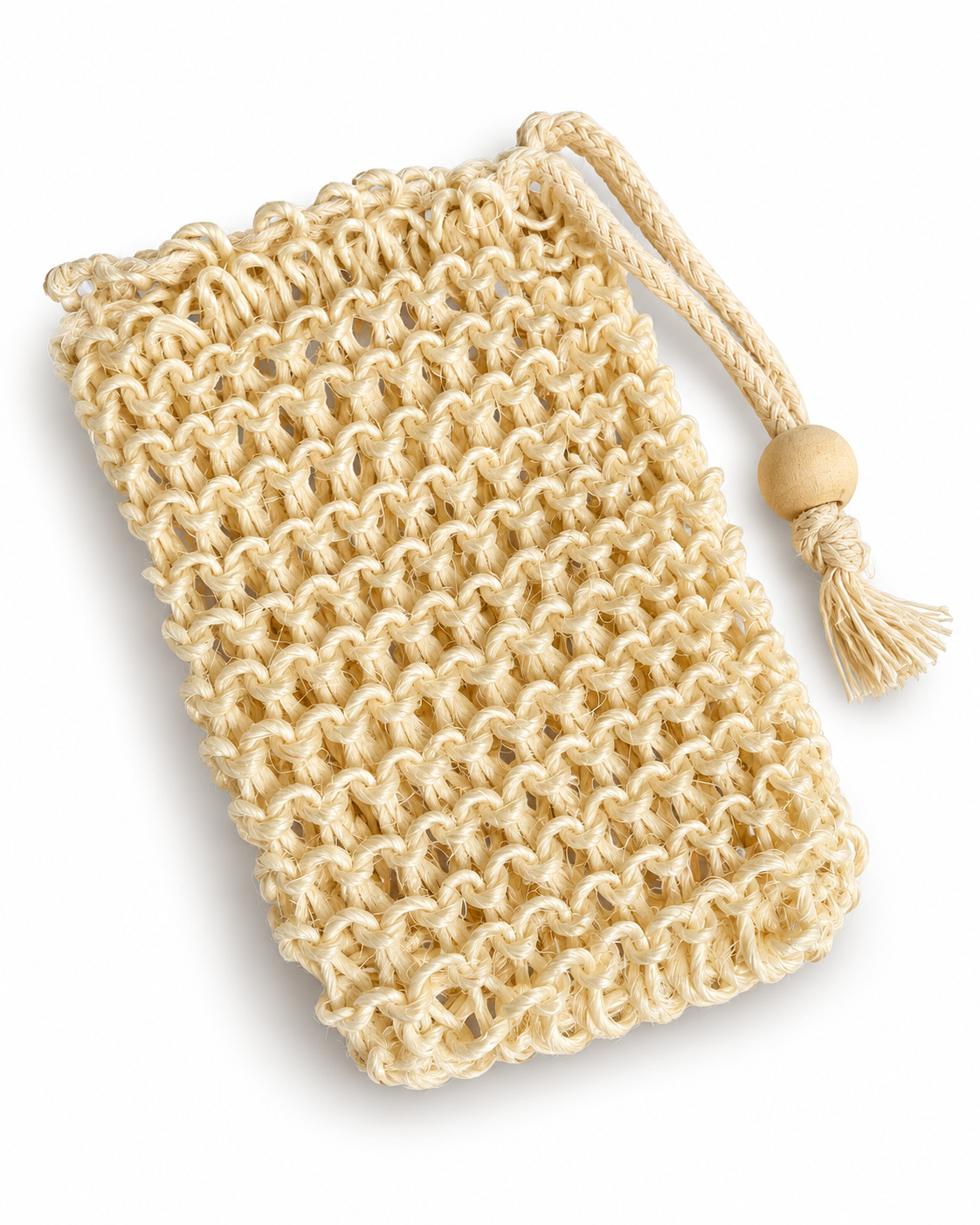 Natural sisal exfoliating soap bag with drawstring and wooden bead – reusable soap saver pouch from Lytchett Bay Soaps.