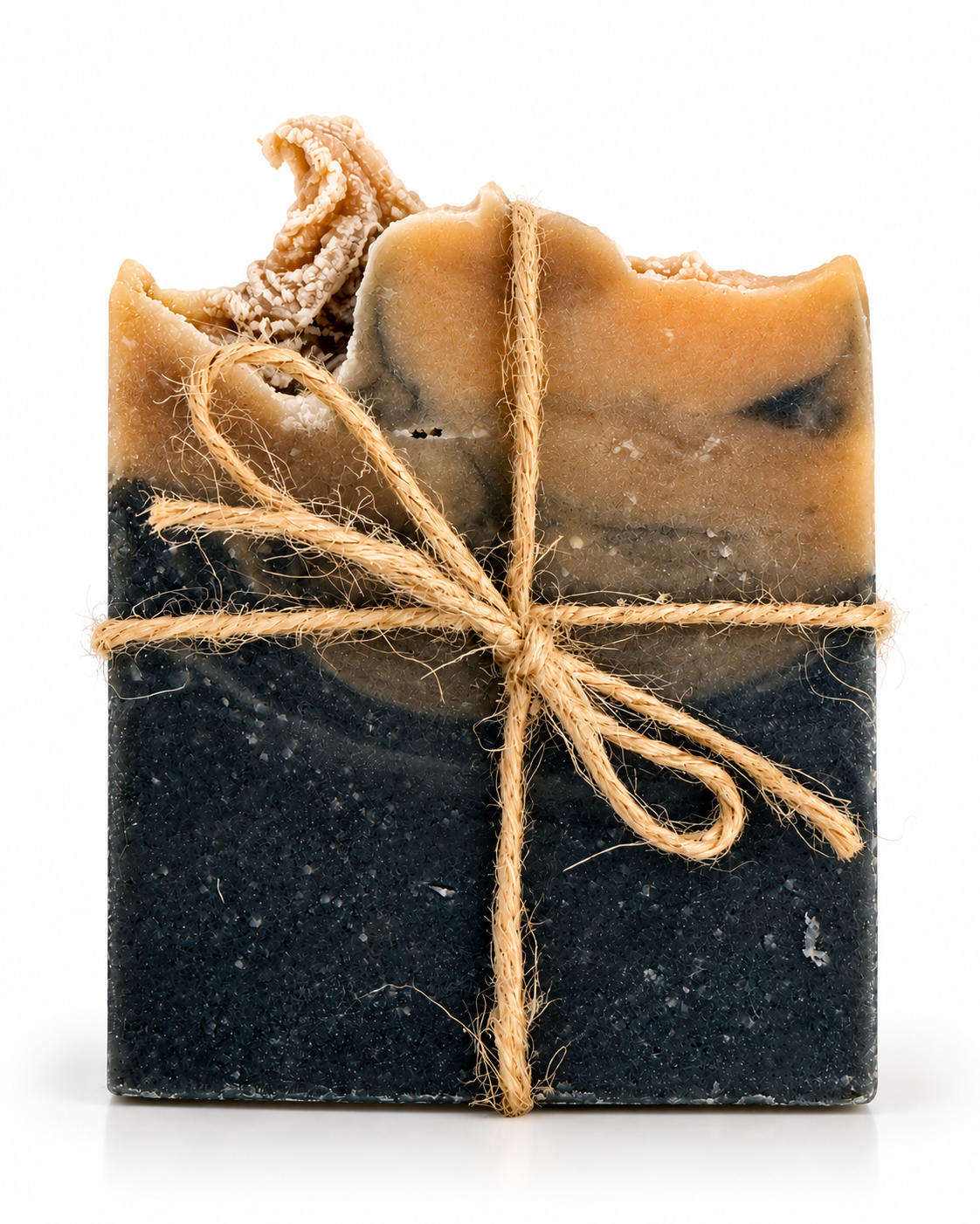 Dragon's Blood handmade vegan soap bar with natural pink clay and charcoal ombré colouring, tied with rustic twine.