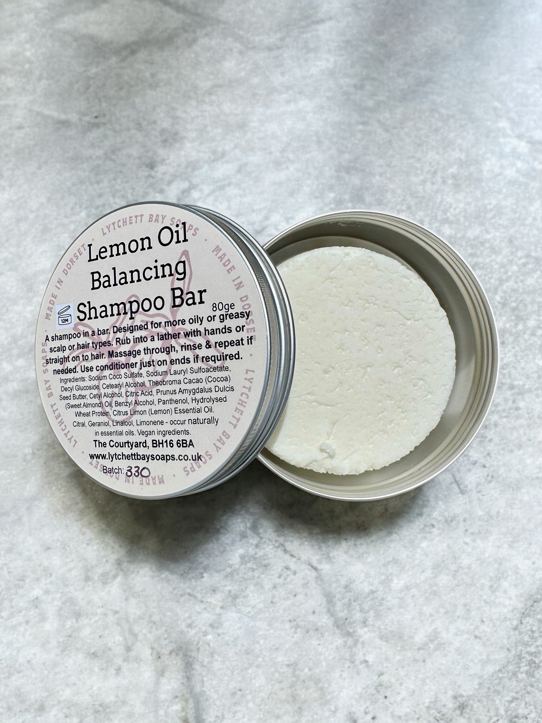 Lemon Oil Balancing Shampoo Bar in travel/storage tin 80g