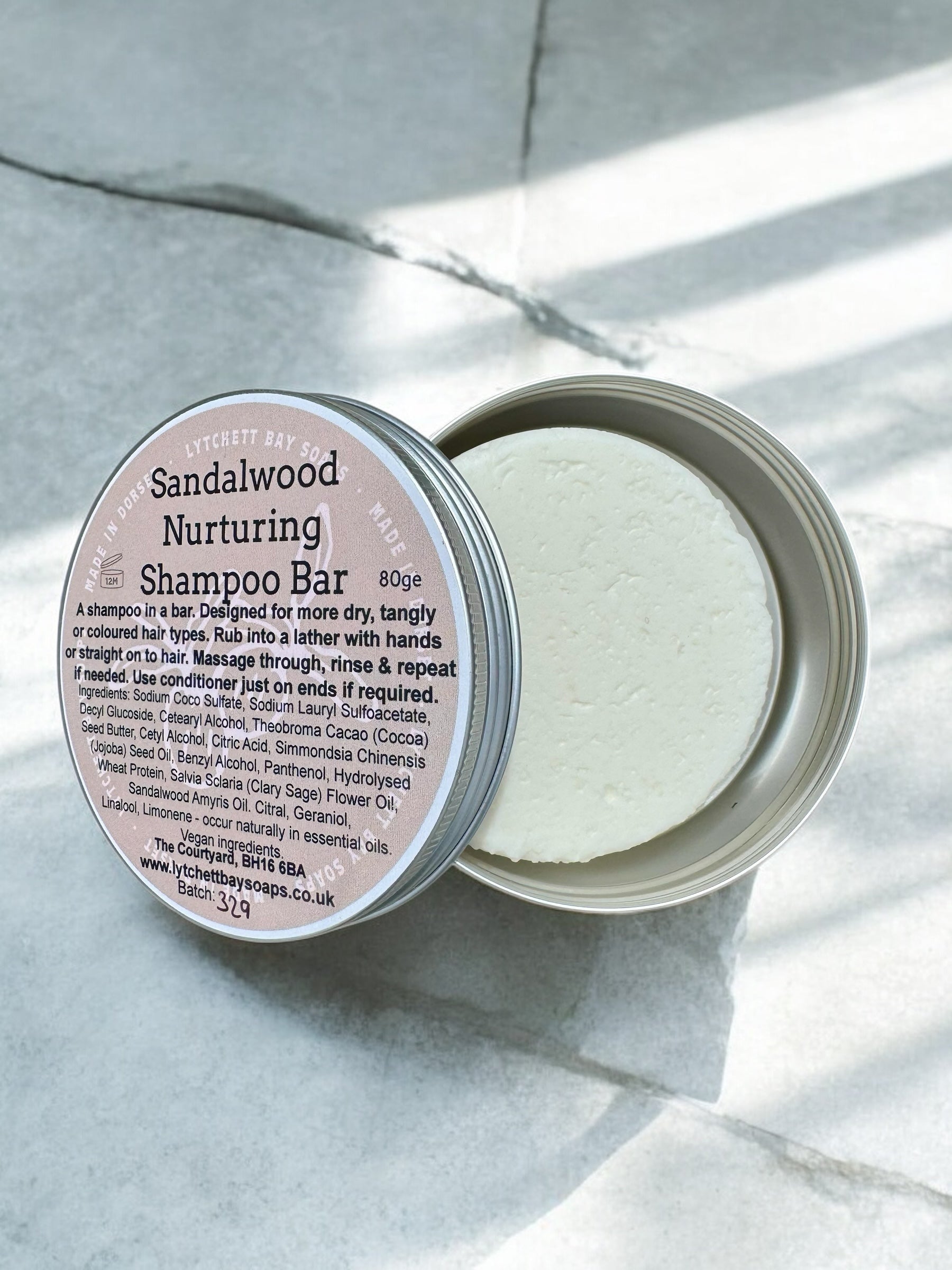 Sandalwood Nurturing Hair Shampoo Bar in travel/storage tin 80g